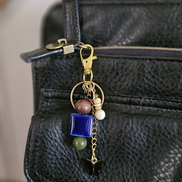 Blue Beaded Keychain with Black Butterfly and Heart Charms - Picture 3 of 8
